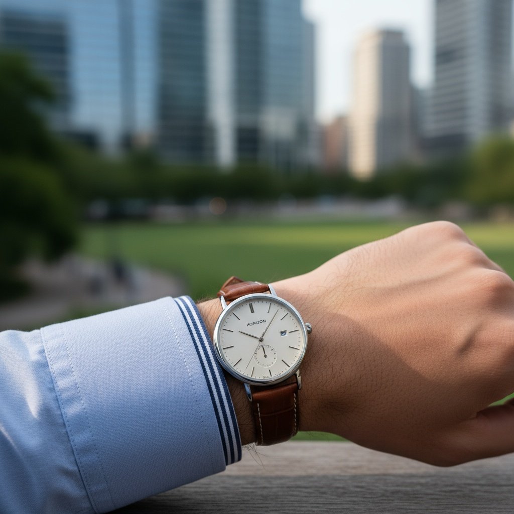 Man wearing affordable dress watch under 200 with business casual outfit