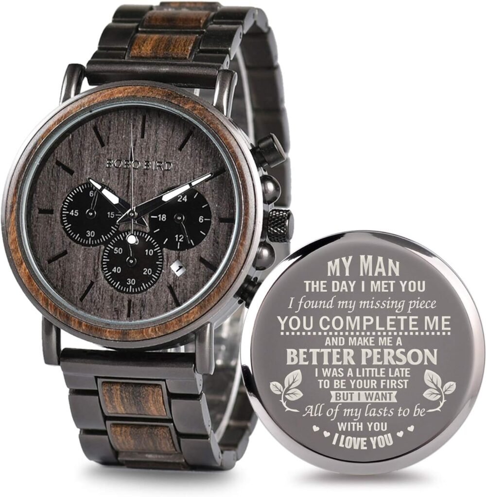2win Engraved Wooden Watch for Boyfriend MY MAN Fiancé Husband Customized Personalized Wood Watches for Men Birthday Anniversary Personalized Watch