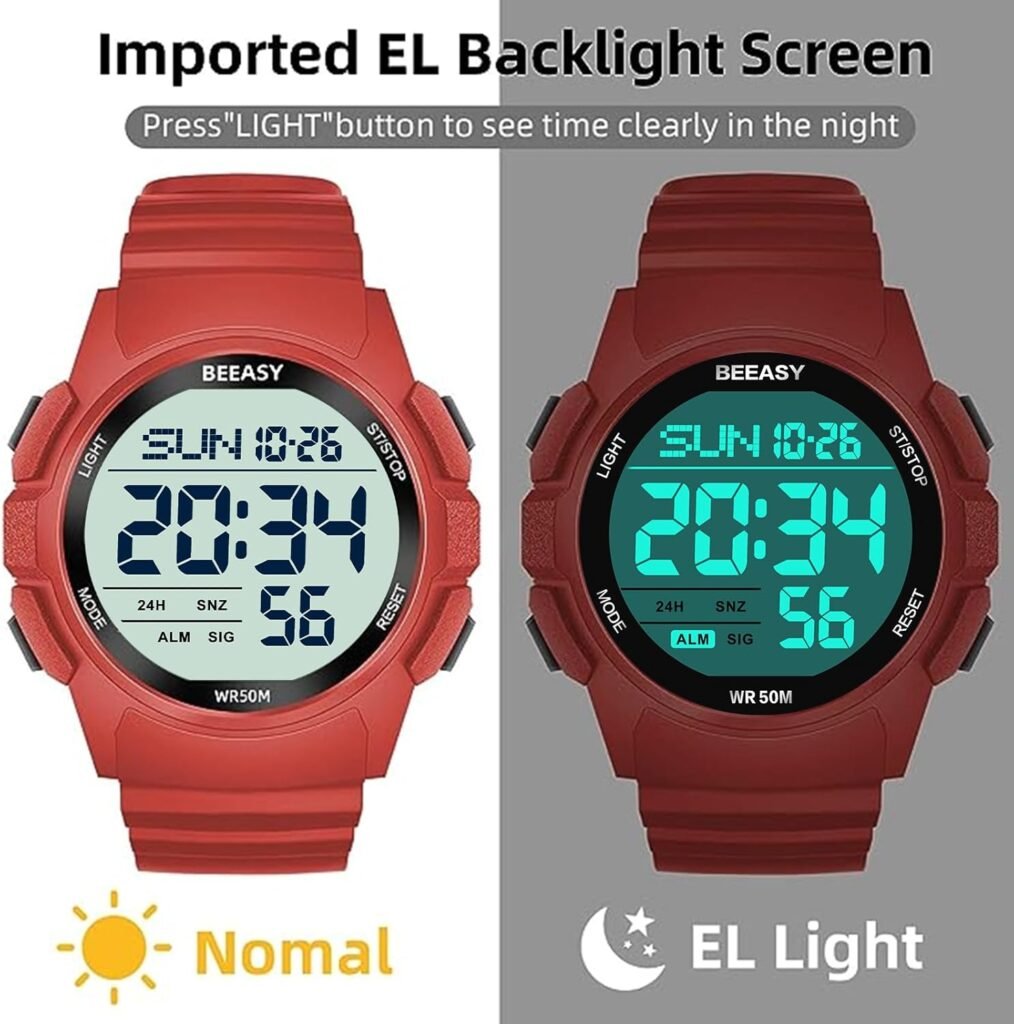 Beeasy Men Digital Sports Watch,Waterproof Watch with Stopwatch Countdown Timer Alarm Function Dual Time Rubber Strap Wrist Watch for Men/Student
