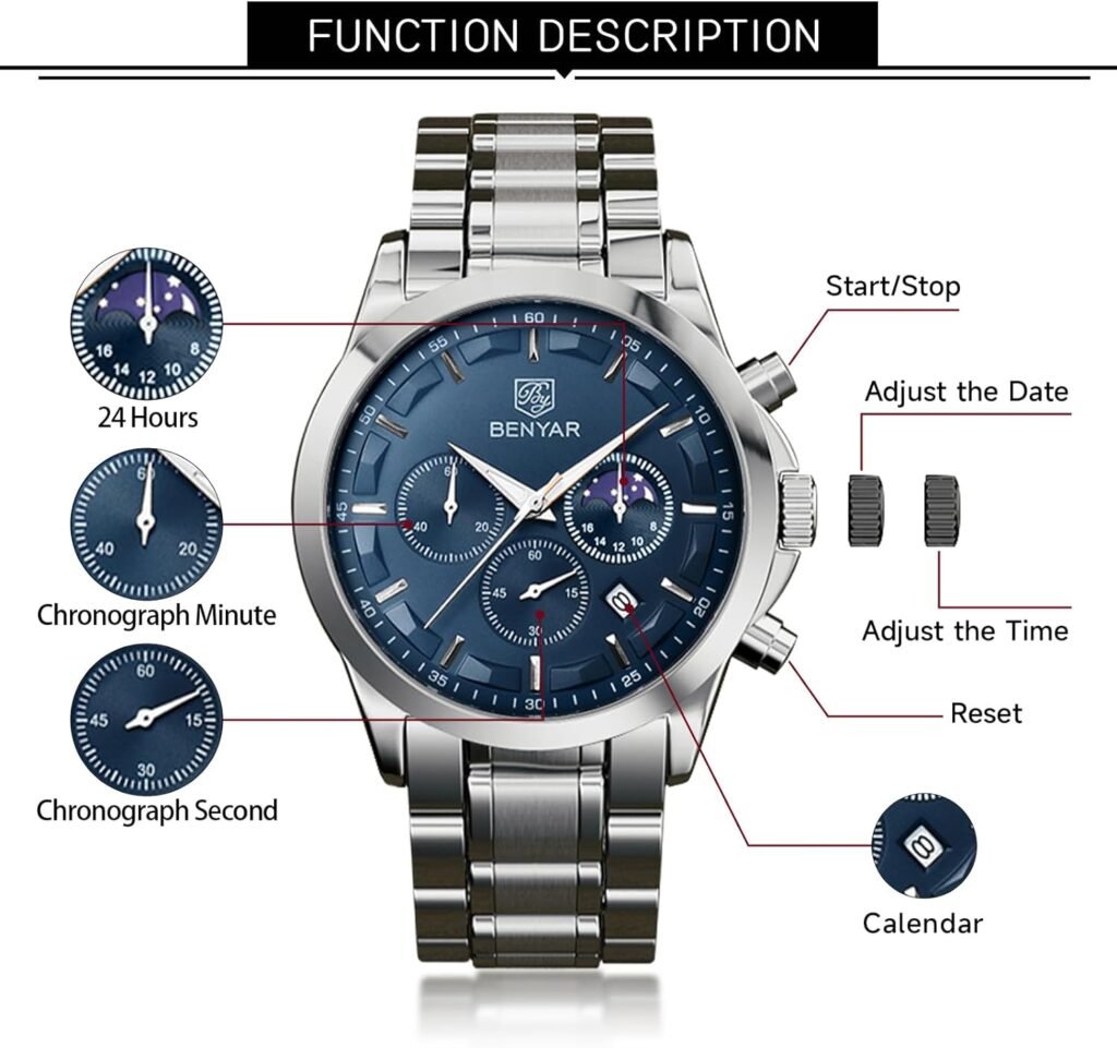 BENYAR Mens Watches Waterproof Wrist Watch for Men Multifunction Chronograph Black Fashion Business Casual Sport Designer Dress Watch with Calendar Leather/Stainless Steel Strap