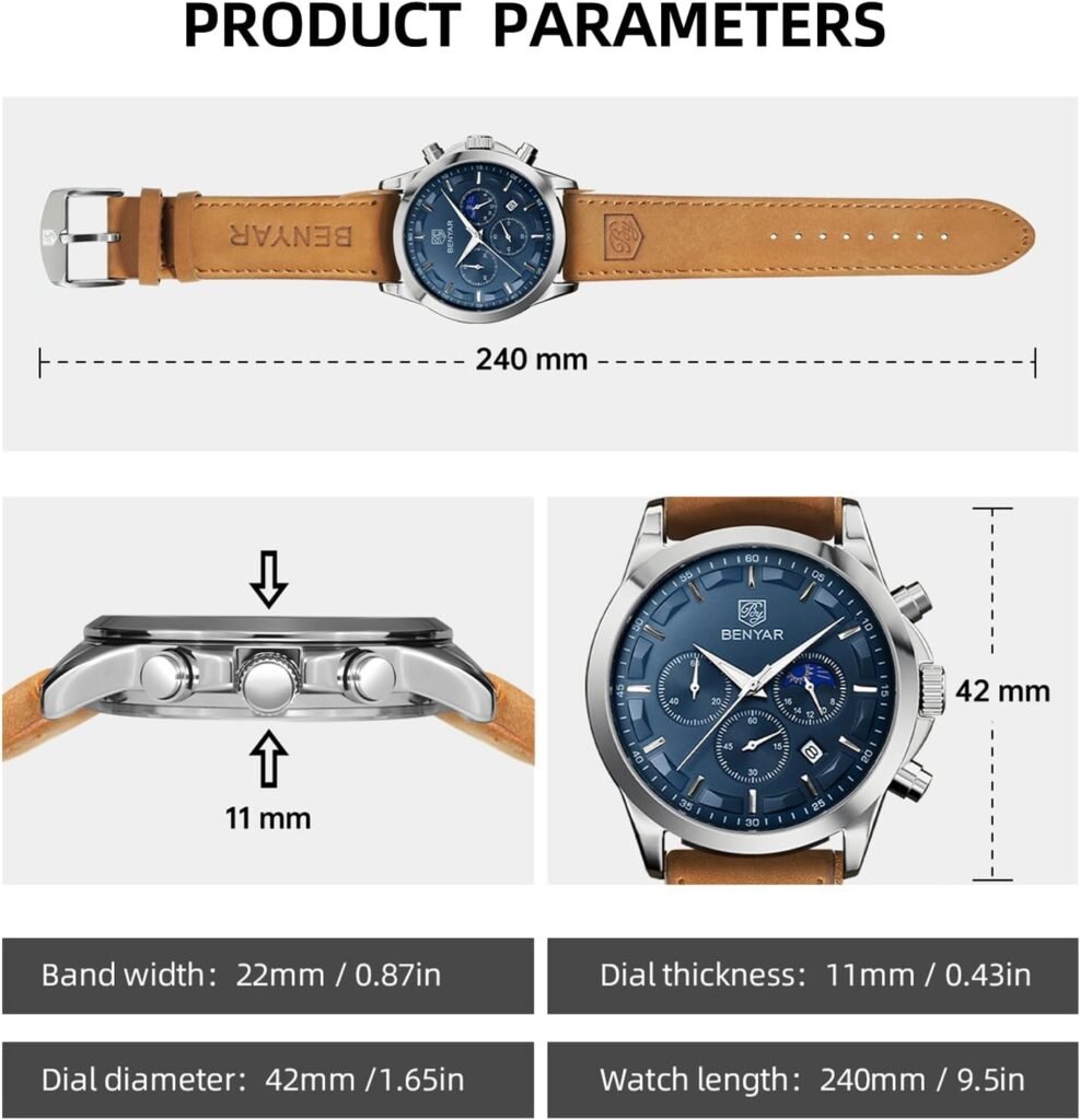 BENYAR Mens Watches Waterproof Wrist Watch for Men Multifunction Chronograph Black Fashion Business Casual Sport Designer Dress Watch with Calendar Leather/Stainless Steel Strap