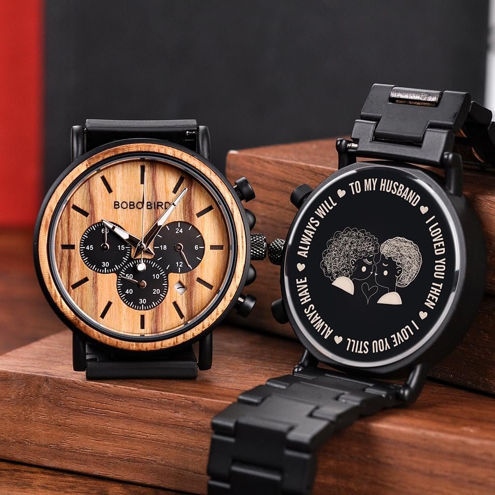 BOBO BIRD Wooden Mens Watches Stylish Wood  Stainless Steel Combined Chronograph Military Quartz Casual Wristwatches
