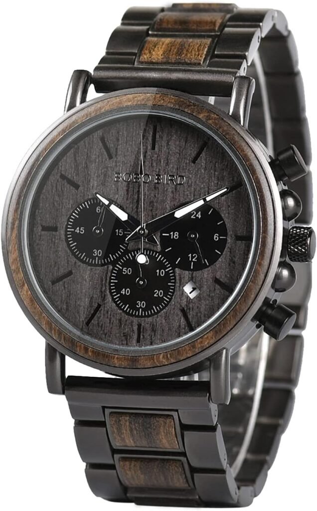 BOBO BIRD Wooden Mens Watches Stylish Wood  Stainless Steel Combined Chronograph Military Quartz Casual Wristwatches
