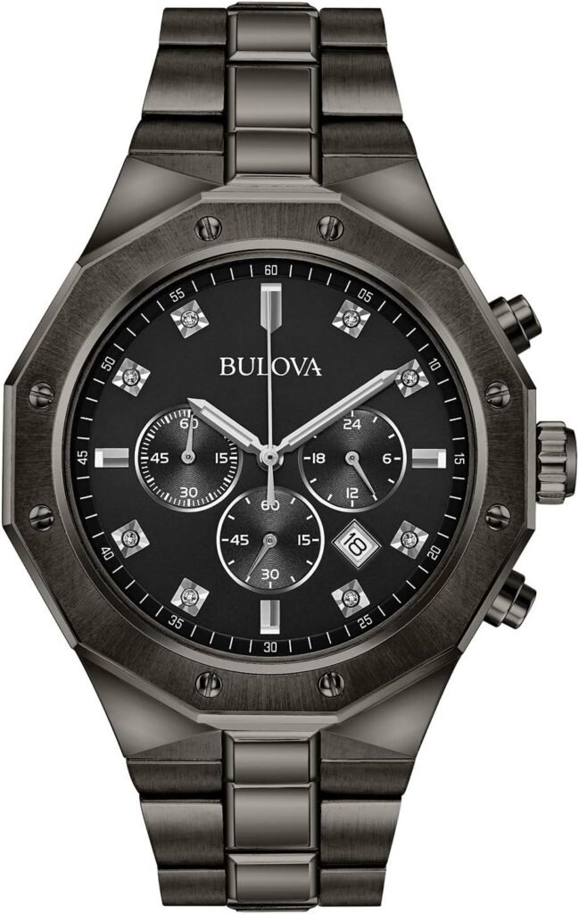 Bulova Mens Classic Diamond 6-Hand Chronograph Quartz Watch, Calendar Date, Luminous Markers, 100M Water Resistant, 44mm