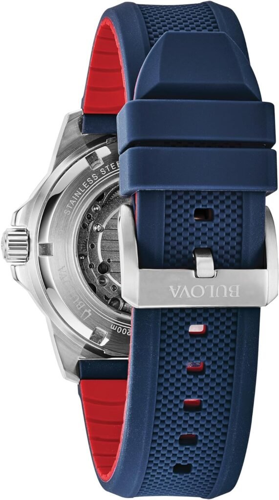 Bulova Mens Marine Star Series A Automatic Stainless Steel Case with Blue Textured Silicone Strap, Open Aperture, Silver White Dial Model: 98A225