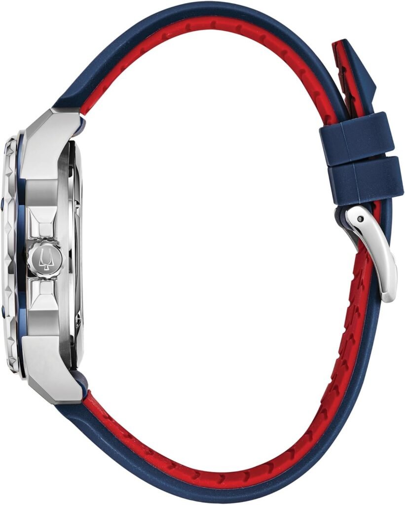 Bulova Mens Marine Star Series A Automatic Stainless Steel Case with Blue Textured Silicone Strap, Open Aperture, Silver White Dial Model: 98A225