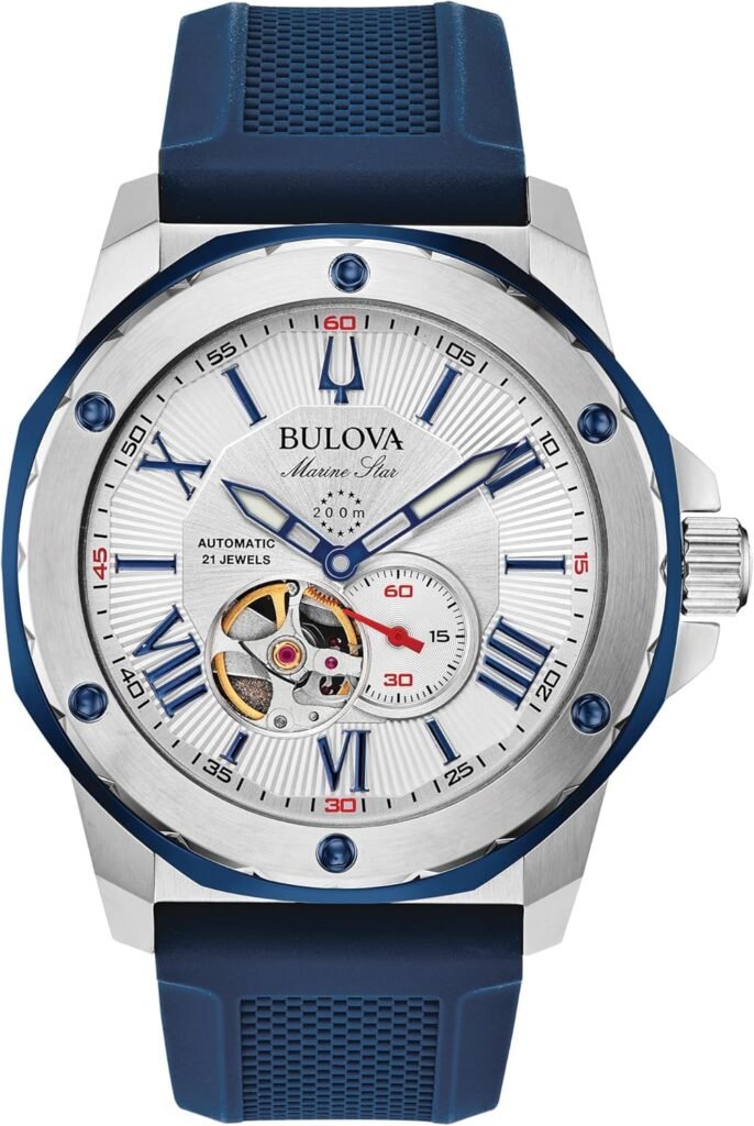Bulova Mens Marine Star Series A Automatic Stainless Steel Case with Blue Textured Silicone Strap, Open Aperture, Silver White Dial Model: 98A225