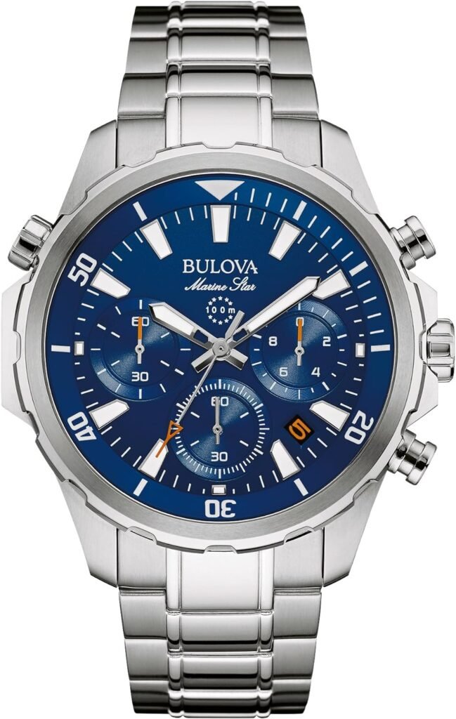Bulova Mens Marine Star Series B Stainless Steel 6-Hand Chronograph Quartz Watch, Blue Dial Style: 96B256