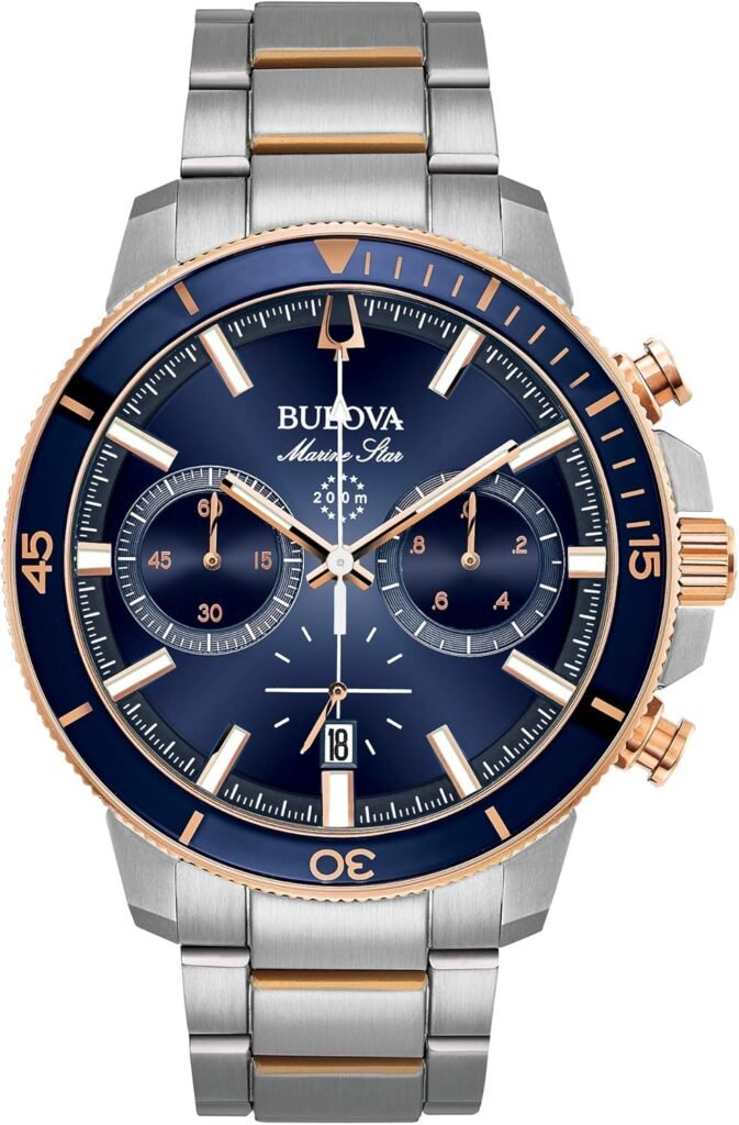 Bulova Mens Marine Star Series C Two-Tone Rose Gold Stainless Steel 6-Hand Chronograph Quartz Watch, Blue Dial Style: 98B301