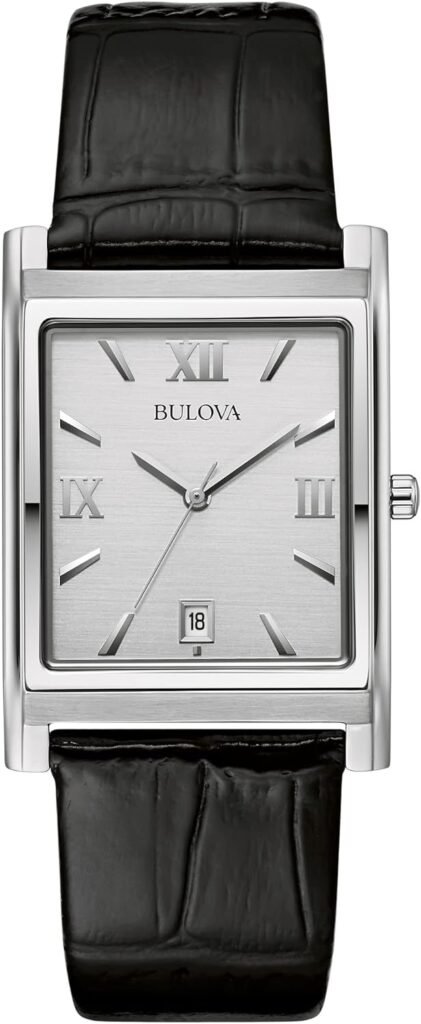 Bulova Mens Stainless Steel 3-Hand Calendar Date Quartz Watch with Black Leather Strap, Rectangle Dial Style: 96B107