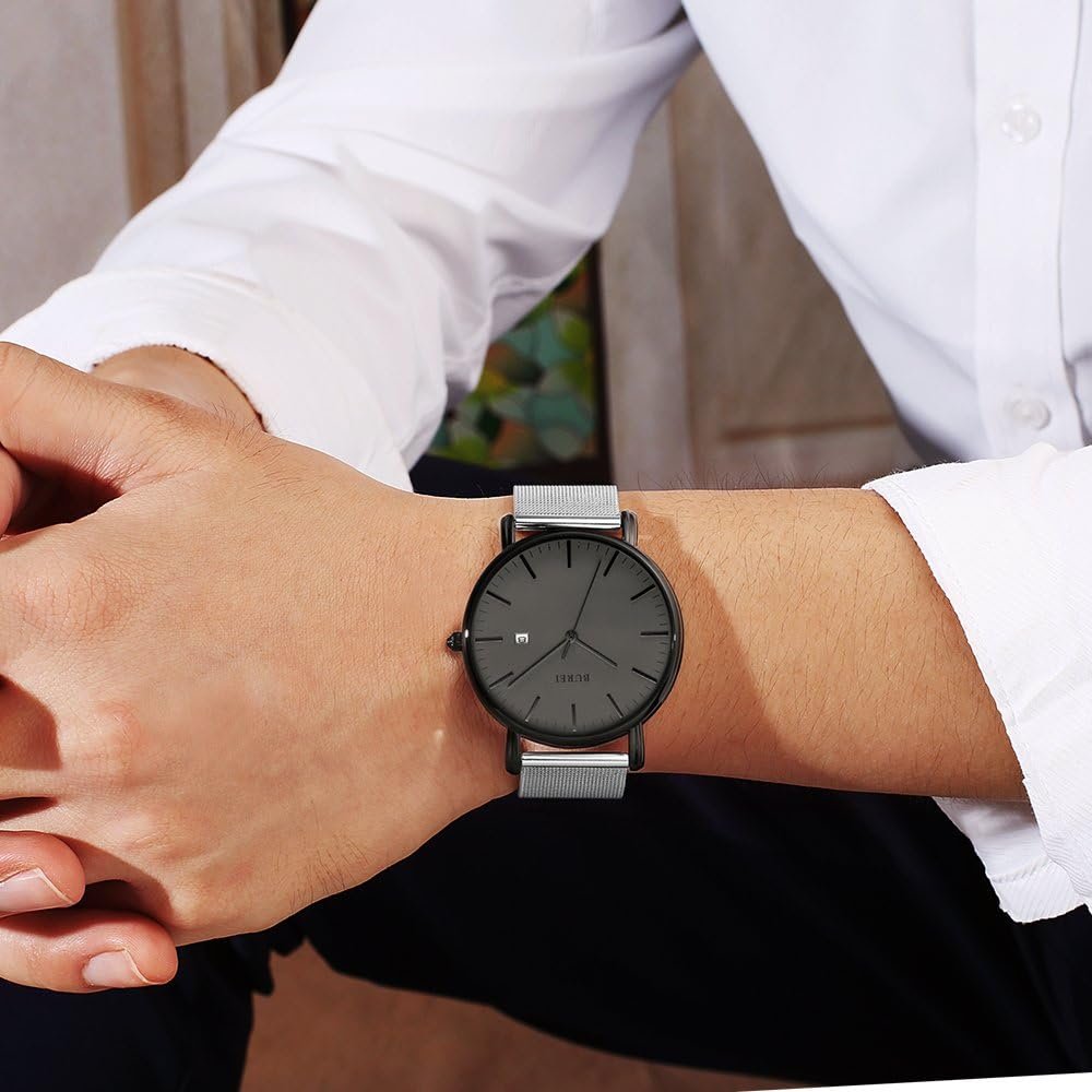 BUREI Mens Fashion Minimalist Wrist Watch All Black Waterproof Watches Simple Ultra Thin Watches Analog Quartz Date with Stainless Steel Mesh Band
