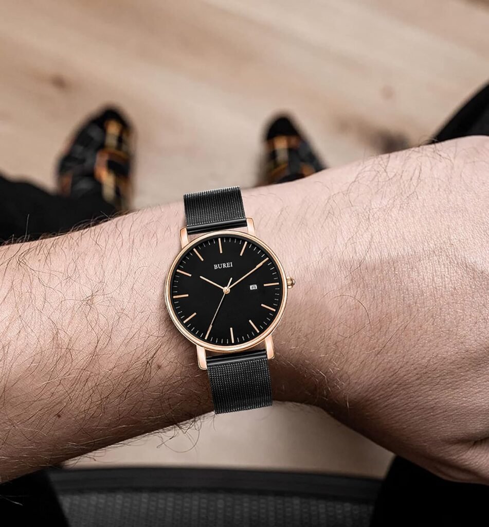 BUREI Mens Fashion Minimalist Wrist Watch All Black Waterproof Watches Simple Ultra Thin Watches Analog Quartz Date with Stainless Steel Mesh Band