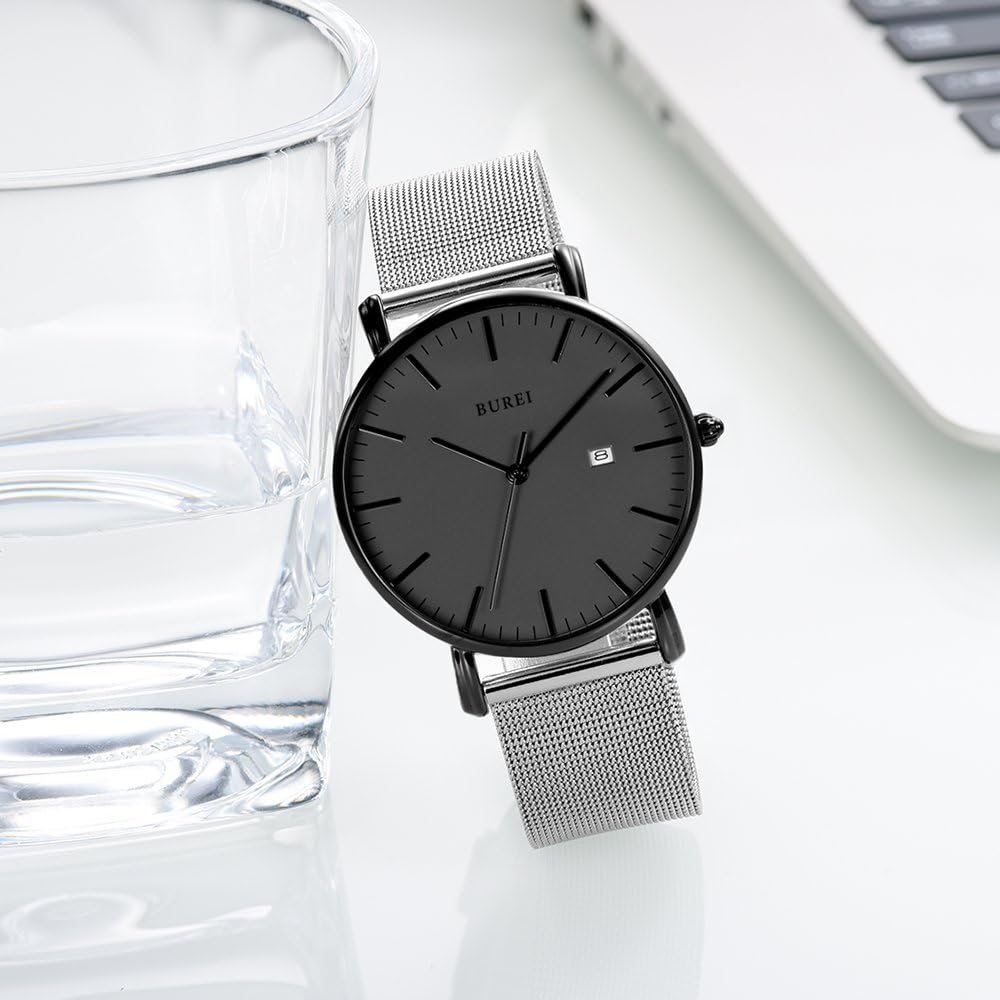 BUREI Mens Fashion Minimalist Wrist Watch All Black Waterproof Watches Simple Ultra Thin Watches Analog Quartz Date with Stainless Steel Mesh Band