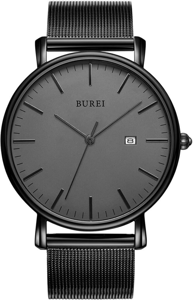 BUREI Mens Fashion Minimalist Wrist Watch All Black Waterproof Watches Simple Ultra Thin Watches Analog Quartz Date with Stainless Steel Mesh Band