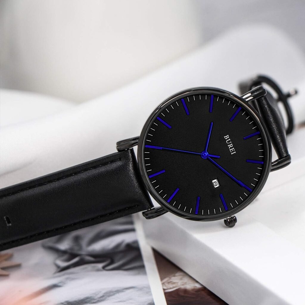 BUREI Mens Fashion Minimalist Wrist Watch Waterproof Watches Simple Ultra Thin Watches Analog Quartz Date with Brown Black Leather Strap