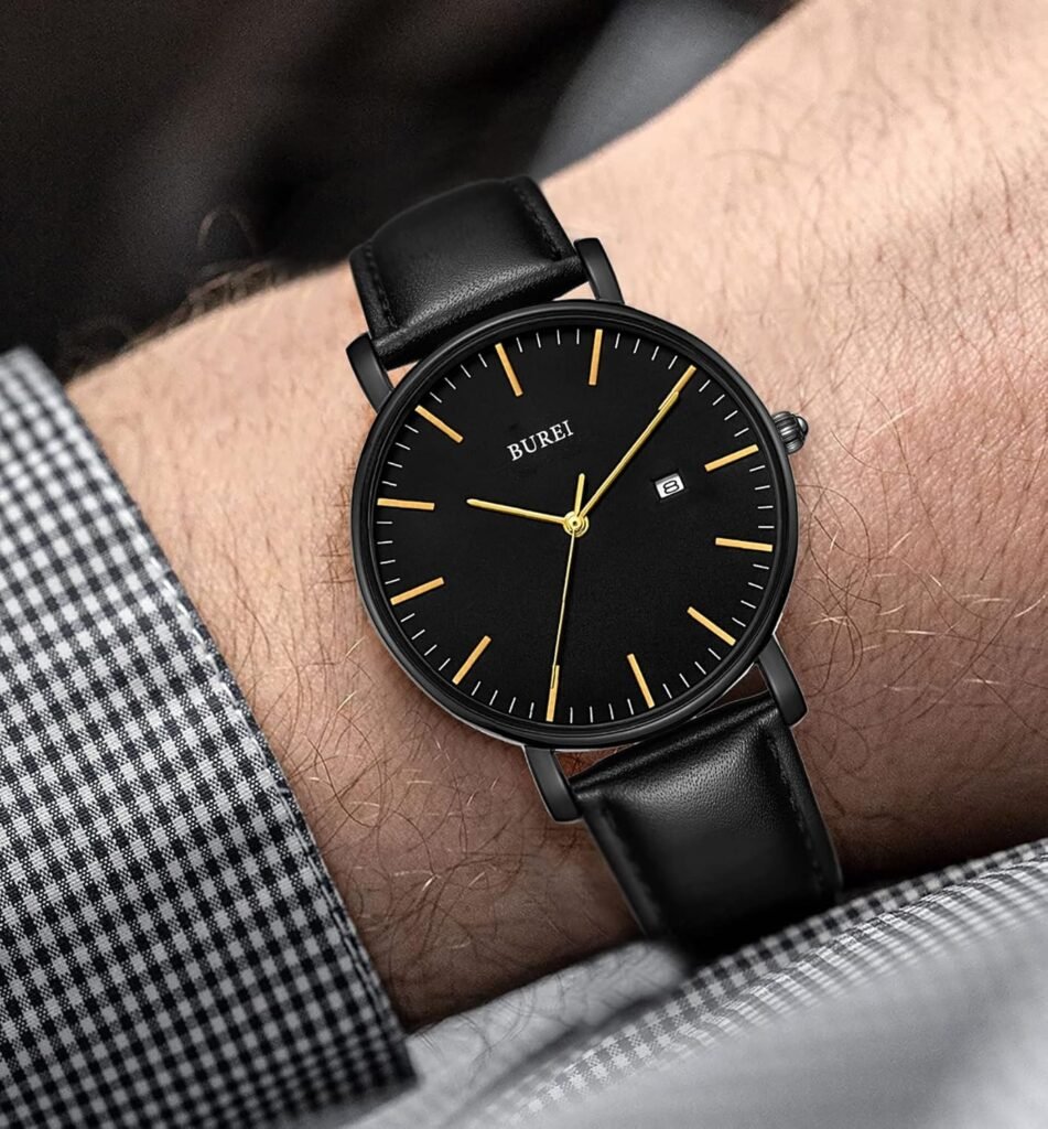 BUREI Mens Fashion Minimalist Wrist Watch Waterproof Watches Simple Ultra Thin Watches Analog Quartz Date with Brown Black Leather Strap