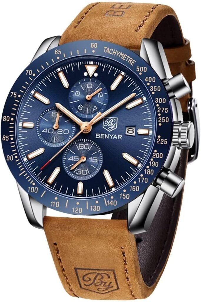 BY BENYAR Mens Watches Analog Quartz Chronograph Waterproof Mens Wrist Watches Business Casual Fashion Classic Designer Elegant Dress Watch with Calendar Leather/Stainless Steel Strap Gifts for Men