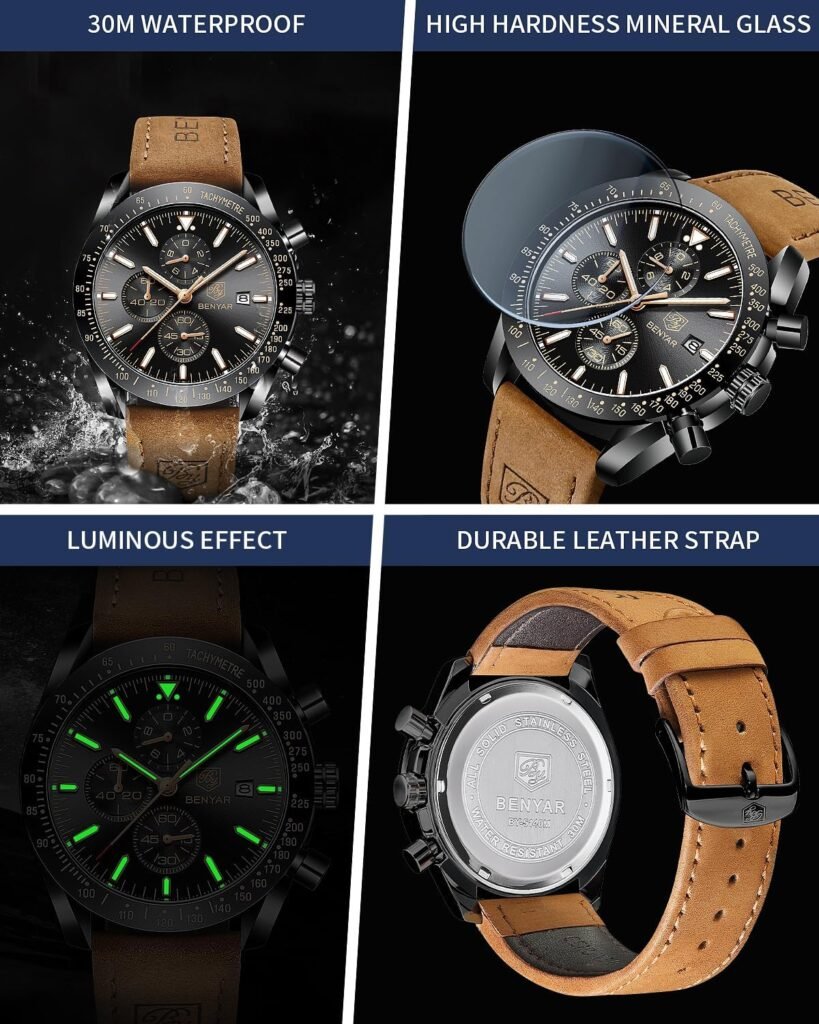 BY BENYAR Watch for Men Analog Quartz Chronograph Waterproof Luminous Designer Mens Wrist Watches Business Work Sport Casual Dress Watch with Silicone Strap Elegant Gifts for Men