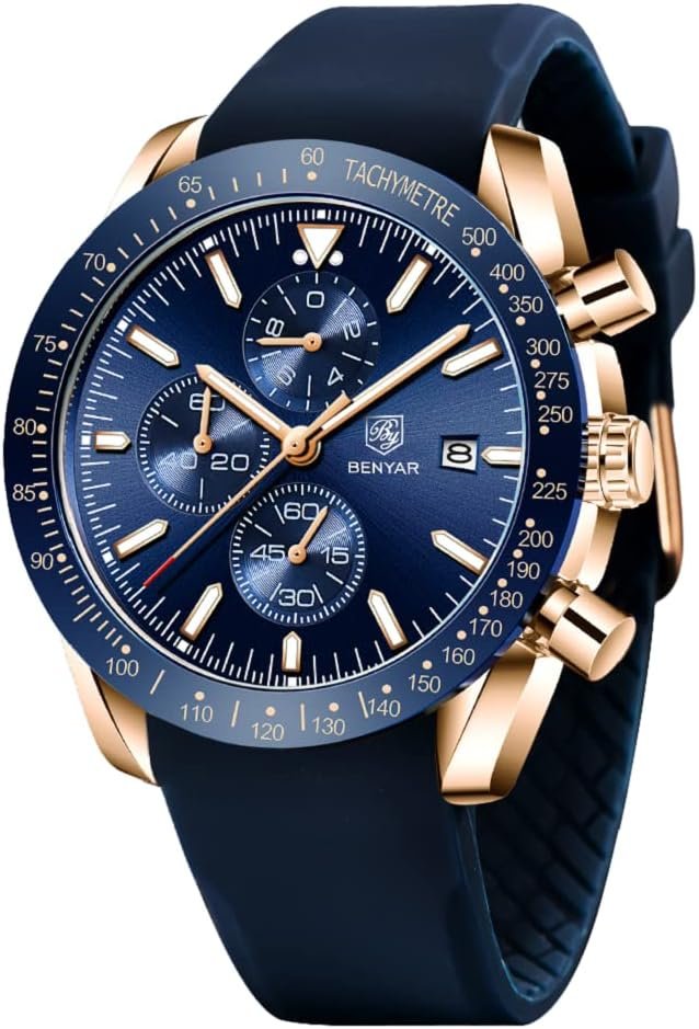BY BENYAR Watch for Men Analog Quartz Chronograph Waterproof Luminous Designer Mens Wrist Watches Business Work Sport Casual Dress Watch with Silicone Strap Elegant Gifts for Men