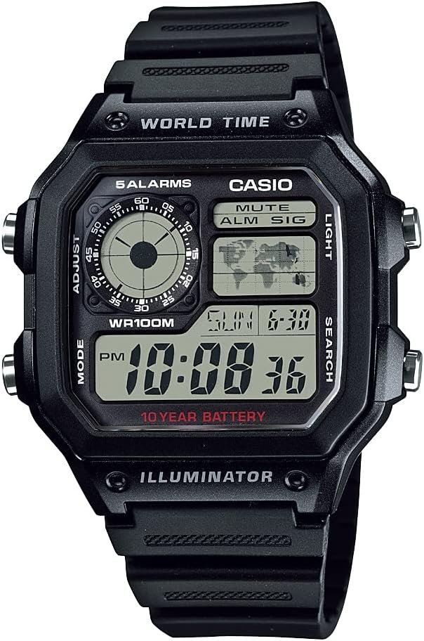 Casio AE1200WH Series | Men’s Digital Watch | 100M WR | Multi Alarms | 100 SEC Stopwatch | Countdown Timer | World Map for World Time | LED Light | LC Analog Display | 10 Year Battery