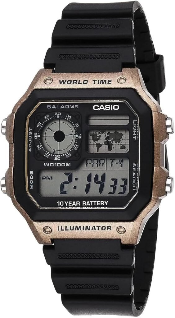 Casio AE1200WH Series | Men’s Digital Watch | 100M WR | Multi Alarms | 100 SEC Stopwatch | Countdown Timer | World Map for World Time | LED Light | LC Analog Display | 10 Year Battery