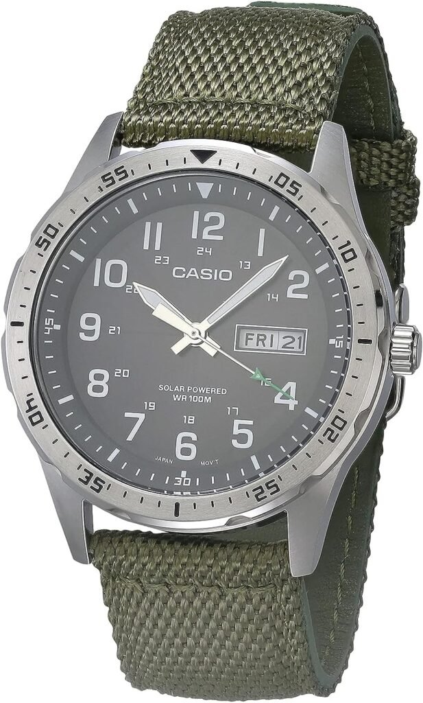 Casio Mens Stainless Steel Solar Powered Cloth Strap, Green, 22 Casual Watch (Model: MTP-S120L-3AVCF)