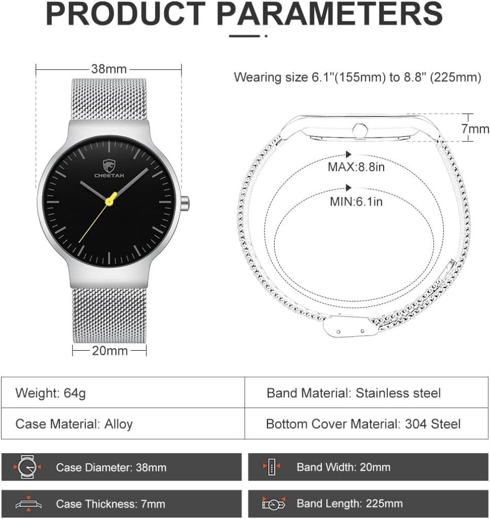 CHEETAH Fashion Minimalist Mens Watches Unisex Ultra Thin Waterproof Analog Quartz with Stainless Steel Mesh Band