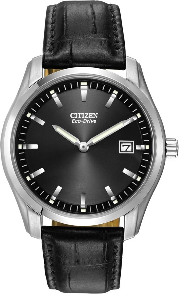 Citizen Mens Classic Eco-Drive Leather Strap Watch, Date, Luminous Hands and Markers, Black Dial, Black Strap/Stainless Steel Citizen Mens Classic Eco-Drive Leather Strap Watch, Date, Luminous Hands and Markers, Black Dial, Black Strap/Stainless Steel
