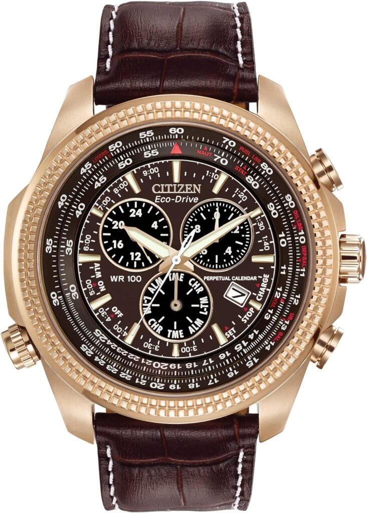 Citizen Mens Eco-Drive Weekender Brycen Chronograph Watch in Gold-tone Stainless Steel, Brown Leather strap (Model: BL5403-03X)