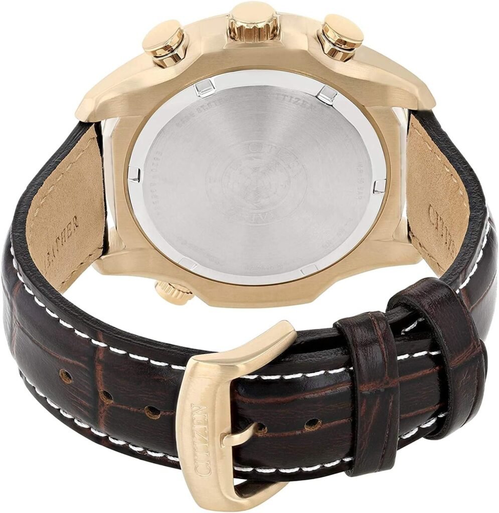 Citizen Mens Eco-Drive Weekender Brycen Chronograph Watch in Gold-tone Stainless Steel, Brown Leather strap (Model: BL5403-03X)