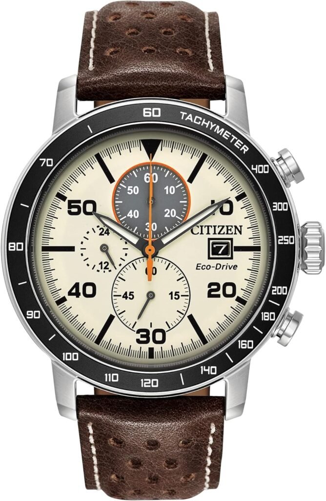 Citizen Mens Eco-Drive Weekender Brycen Chronograph Watch in Stainless Steel, Brown Leather strap, Ivory Dial (Model: CA0649-06X) Citizen Mens Eco-Drive Weekender Brycen Chronograph Watch in Stainless Steel, Brown Leather strap, Ivory Dial (Model: CA0649-06X)
