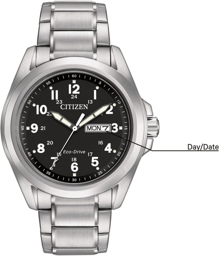 Citizen Mens Eco-Drive Weekender Garrison Field Watch in Stainless Steel, Black Dial, Arabic Markers, Luminous, 43mm (Model: AW0050-82E)