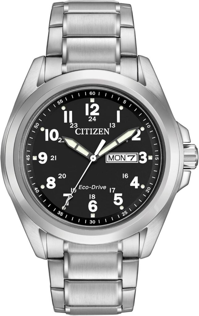 Citizen Mens Eco-Drive Weekender Garrison Field Watch in Stainless Steel, Black Dial, Arabic Markers, Luminous, 43mm (Model: AW0050-82E)