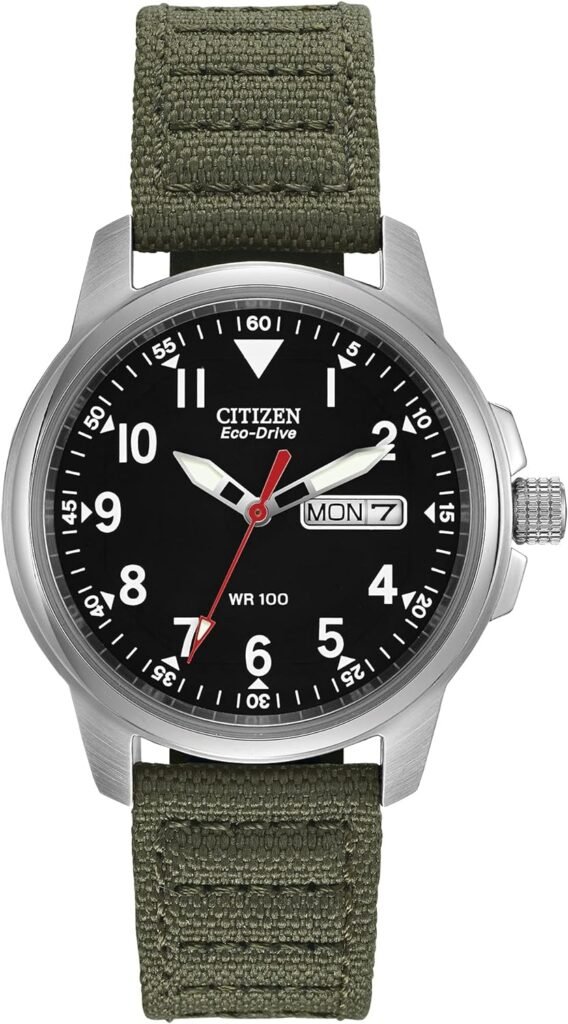 Citizen Mens Eco-Drive Weekender Garrison Field Watch in Stainless Steel with Olive Nylon strap, Black Dial (Model: BM8180-03E)