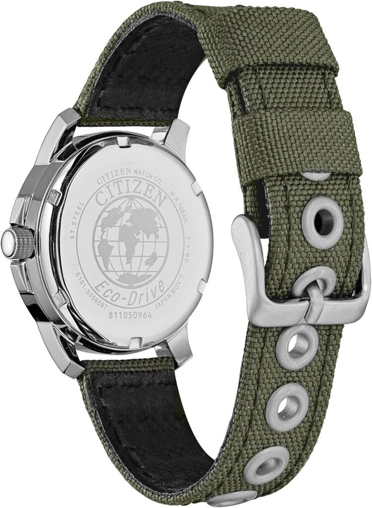 Citizen Mens Eco-Drive Weekender Garrison Field Watch in Stainless Steel with Olive Nylon strap, Black Dial (Model: BM8180-03E)