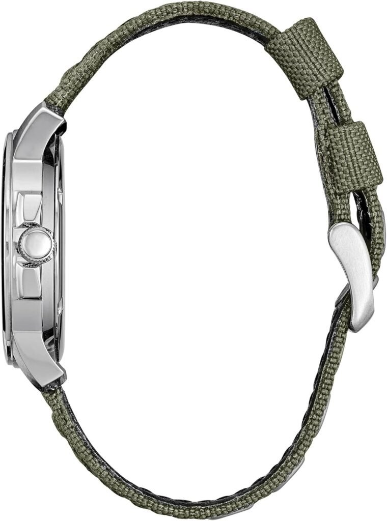 Citizen Mens Eco-Drive Weekender Garrison Field Watch in Stainless Steel with Olive Nylon strap, Black Dial (Model: BM8180-03E)