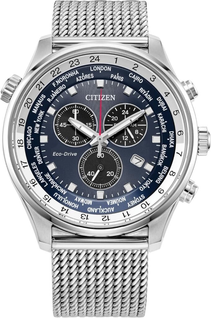 Citizen Mens Sport Luxury Eco-Drive Chronograph Watch, 12/24 Hour Time, Date, 100 Meters Water Resistant, Stainless Steel