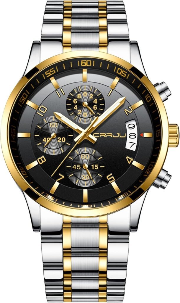 CRRJU Mens Fashion Stainless Steel Watches Date Waterproof Chronograph Wristwatches,Stainsteel Steel Band Waterproof Watch