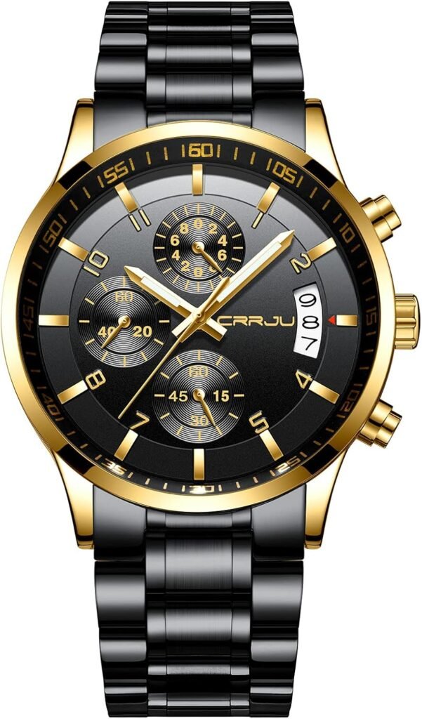 CRRJU Mens Fashion Stainless Steel Watches Date Waterproof Chronograph Wristwatches,Stainsteel Steel Band Waterproof Watch