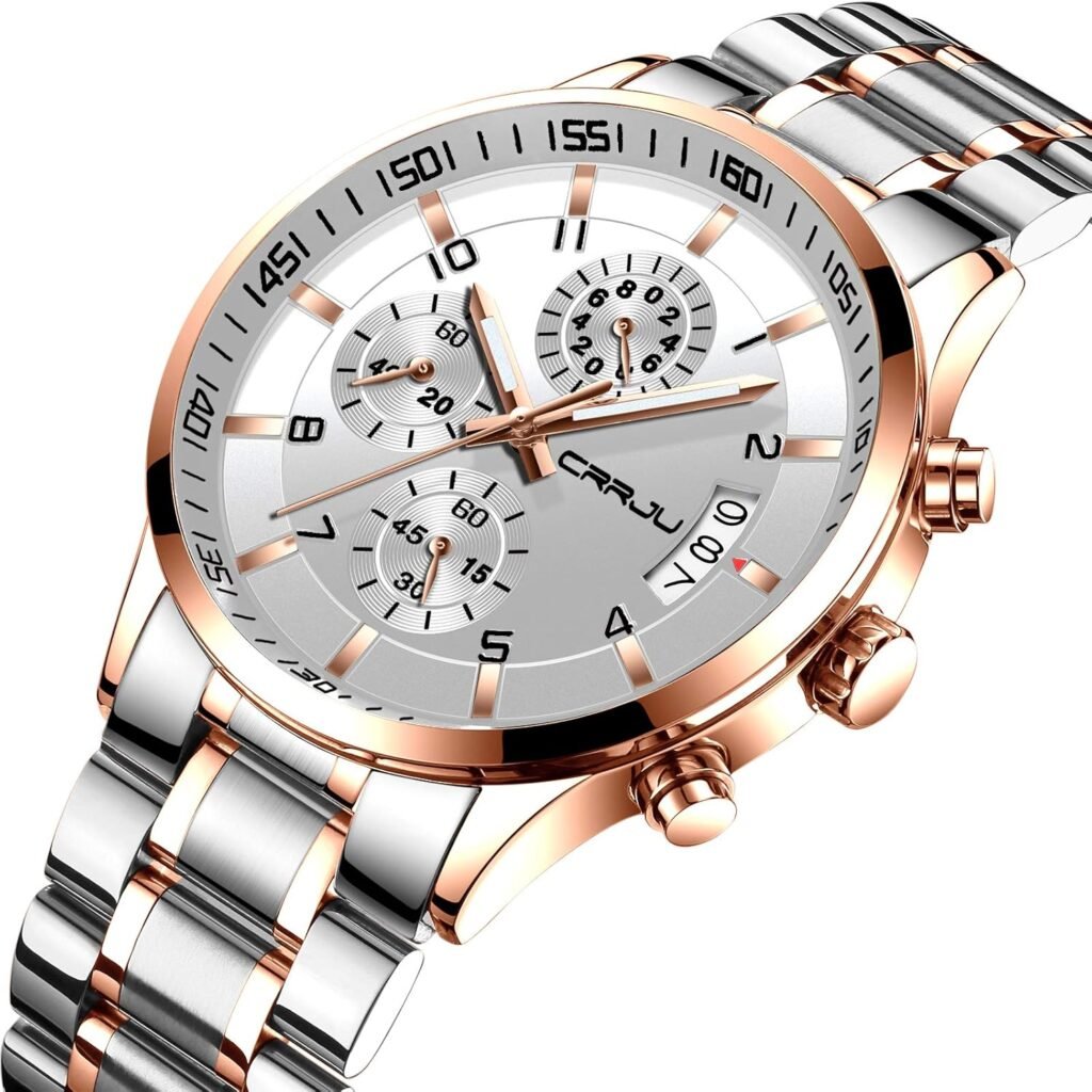 CRRJU Mens Fashion Stainless Steel Watches Date Waterproof Chronograph Wristwatches,Stainsteel Steel Band Waterproof Watch