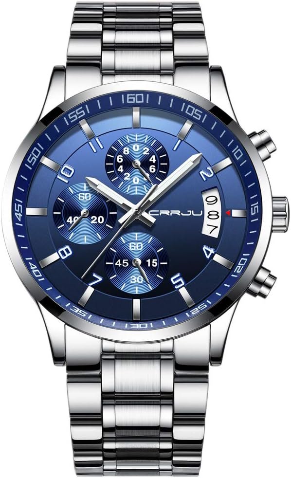 CRRJU Mens Fashion Stainless Steel Watches Date Waterproof Chronograph Wristwatches,Stainsteel Steel Band Waterproof Watch