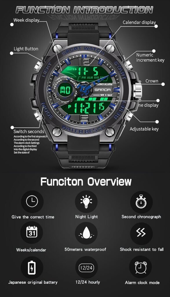FORSINING Watch for Men, Waterproof Military Digital Analog Watches, Sports Outdoor Wrist Watch Date Multi Function Tactics LED Alarm Stopwatch