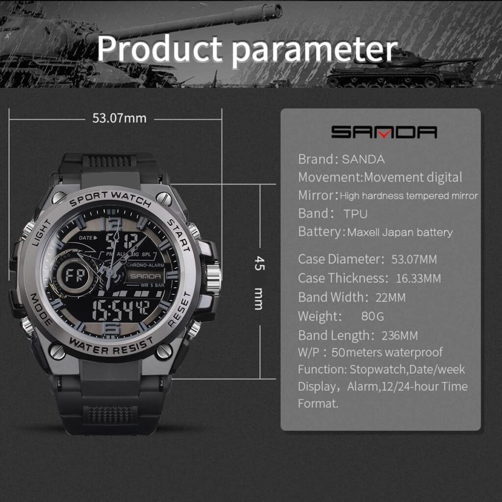 FORSINING Watch for Men, Waterproof Military Digital Analog Watches, Sports Outdoor Wrist Watch Date Multi Function Tactics LED Alarm Stopwatch
