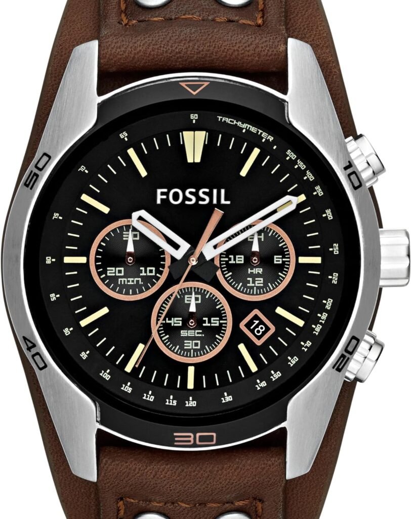 Fossil Mens Coachman Quartz Stainless Steel and Leather Chronograph Watch, Color: Silver, Brown (Model: CH2891)