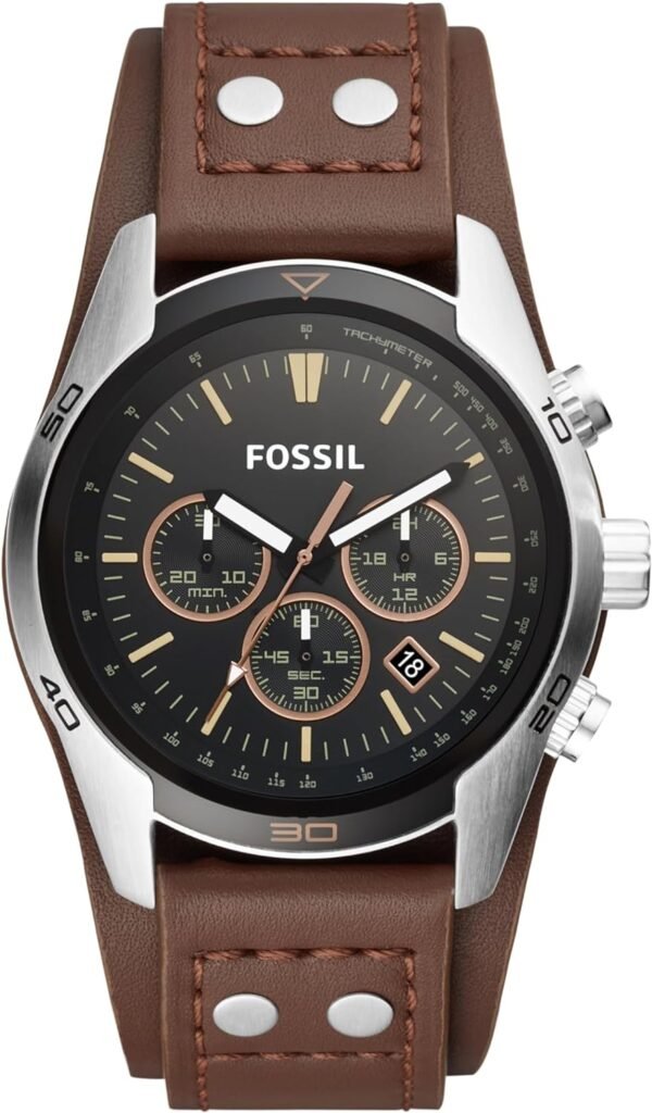 Fossil Mens Coachman Quartz Stainless Steel and Leather Chronograph Watch, Color: Silver, Brown (Model: CH2891)