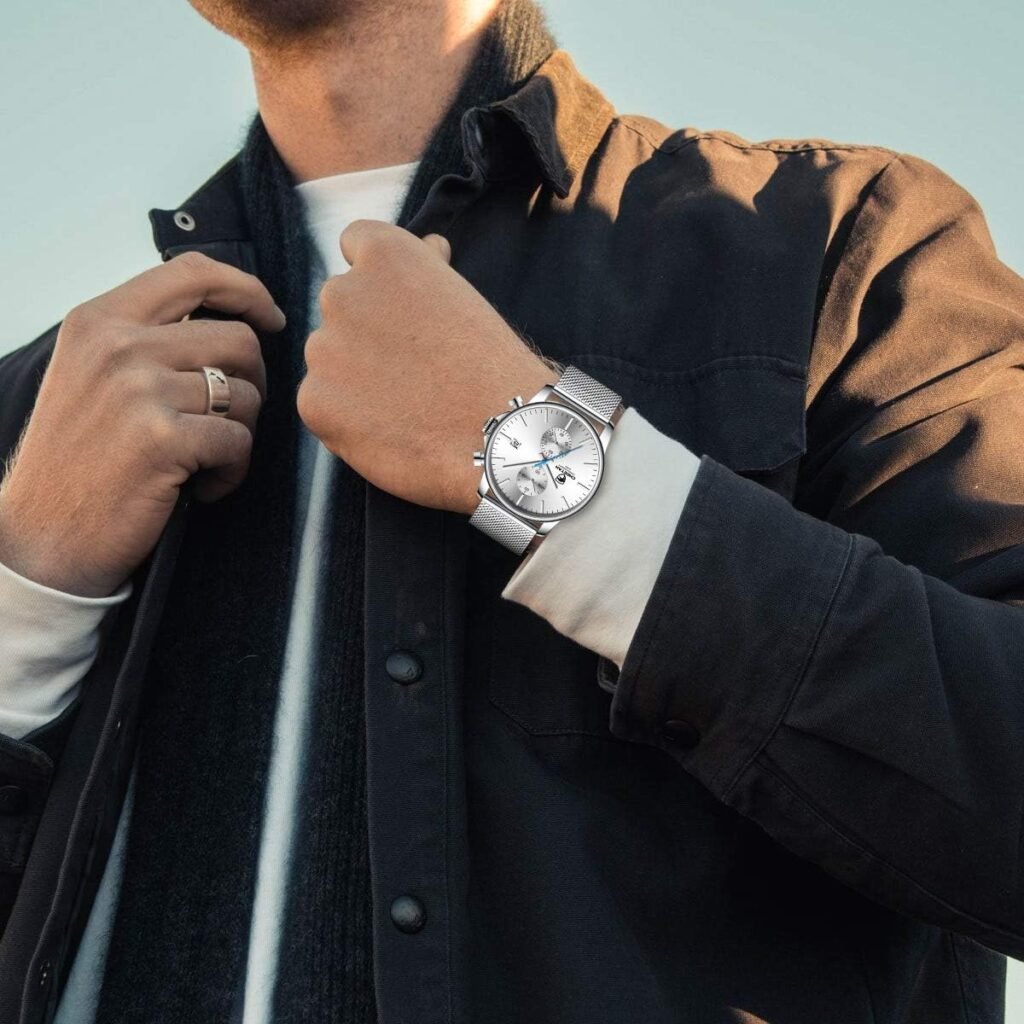 GOLDEN HOUR Mens Watch Fashion Sleek Minimalist Quartz Analog Mesh Stainless Steel Waterproof Chronograph Watches for Men with Auto Date