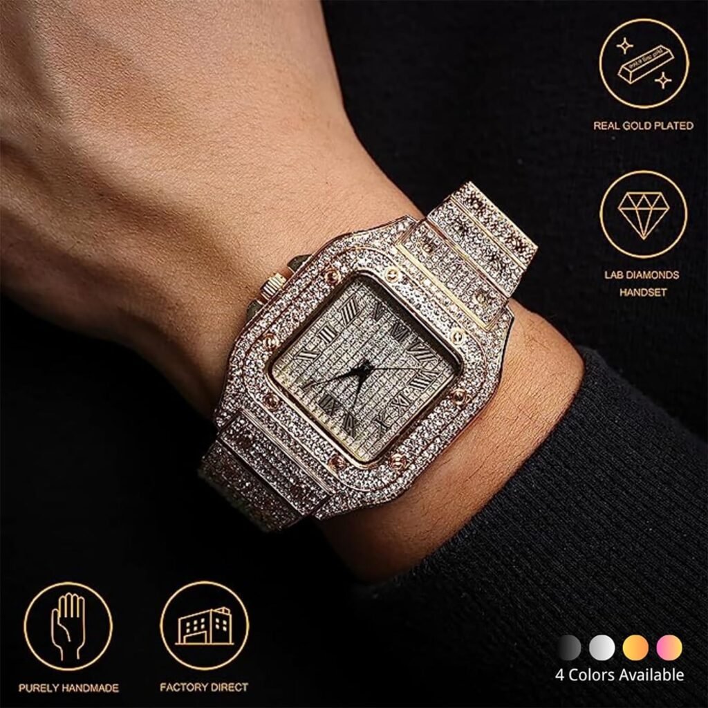 Halukakah Men’s Diamond Watch - The King - 18K Gold/Platinum Plated, 40MM Square Dial, Iced Out Wristband, Lab Diamonds Handset, with Cuban Link Chain Necklace and Bracelet Set Optional, Comes in Giftbox