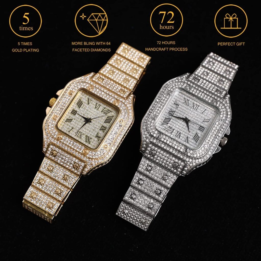 Halukakah Men’s Diamond Watch - The King - 18K Gold/Platinum Plated, 40MM Square Dial, Iced Out Wristband, Lab Diamonds Handset, with Cuban Link Chain Necklace and Bracelet Set Optional, Comes in Giftbox