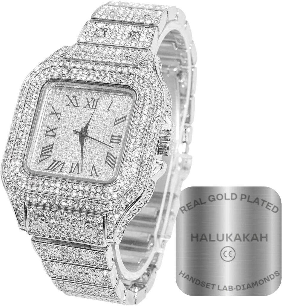 Halukakah Men’s Diamond Watch - The King - 18K Gold/Platinum Plated, 40MM Square Dial, Iced Out Wristband, Lab Diamonds Handset, with Cuban Link Chain Necklace and Bracelet Set Optional, Comes in Giftbox