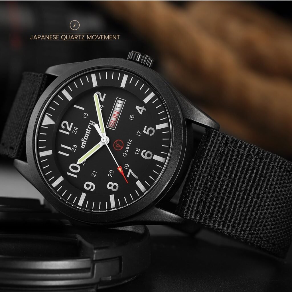 Infantry 5ATM Waterproof Mens Military Tactical Field Watch, Date  Day 12/24Hr Display Watches for Men, Casual Quartz Wristwatch with Nylon Strap